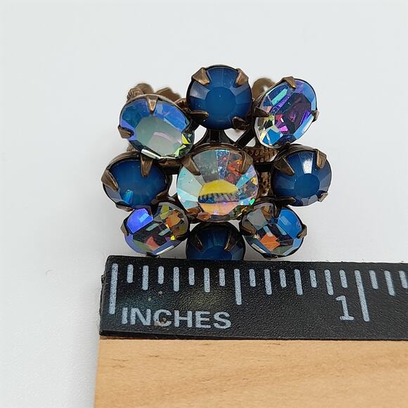 Vintage Blue AB Rhinestone Ring, Brass Filigree, US Size 6 Adjustable - Picture 10 of 10